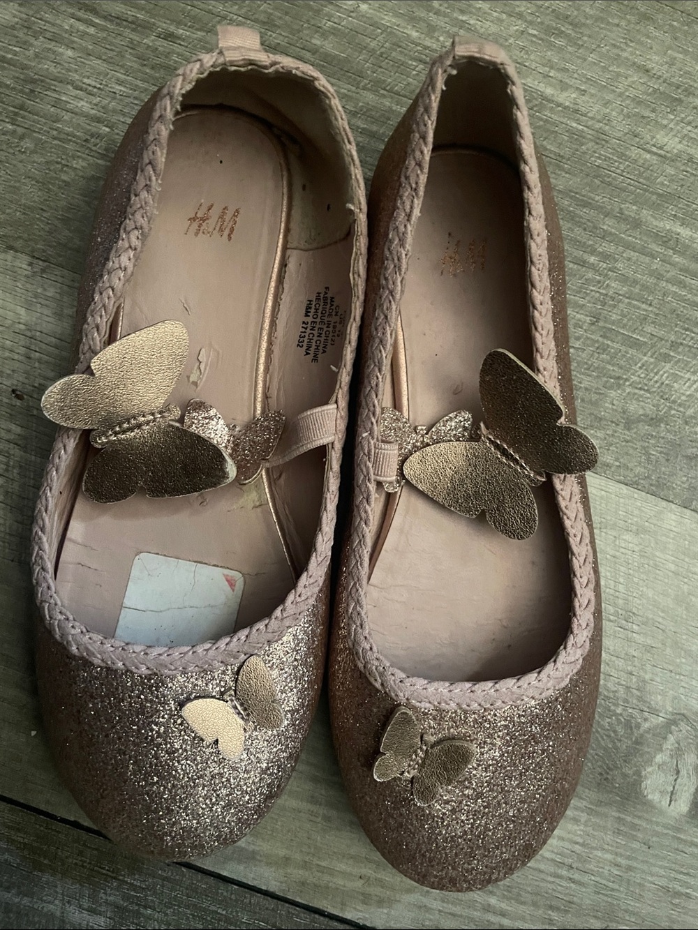 H&M Girls Glitter Ballet Flats with Metallic Butterfly Accents - Pink Gold